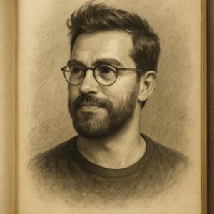 Portrait of a man with a beard and glasses, drawn in a vintage, black and white style.
